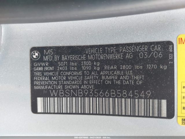 2006 BMW M5 WBSNB93566B584549 Photo 8
