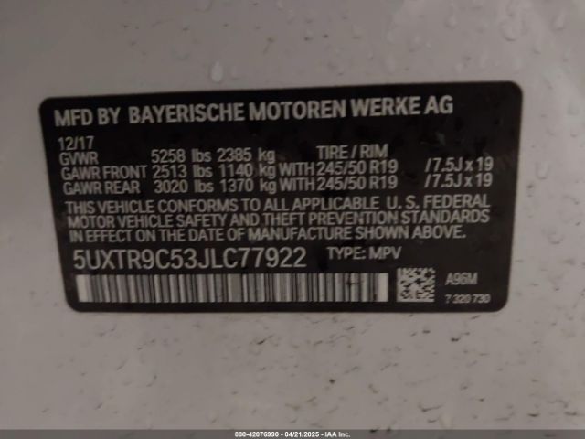 5UXTR9C53JLC77922 BMW X3 Xdrive30i