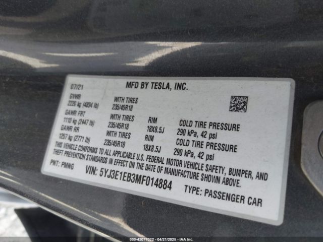 2021 TESLA MODEL 3 5YJ3E1EB3MF014884 Photo 8