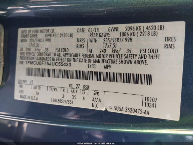 1FMCU0F75JUC55433 Ford ESCAPE S
