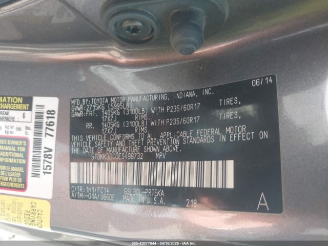 5TDKK3DC0ES498732 Toyota Sienna Le V6 8 Passenger