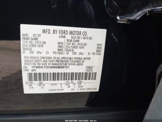 1FMSK7DH0NGB99721 Ford EXPLORER XLT