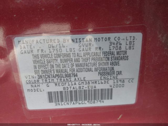 3N1CN7AP6GL908794 Nissan Versa 1.6 Sv