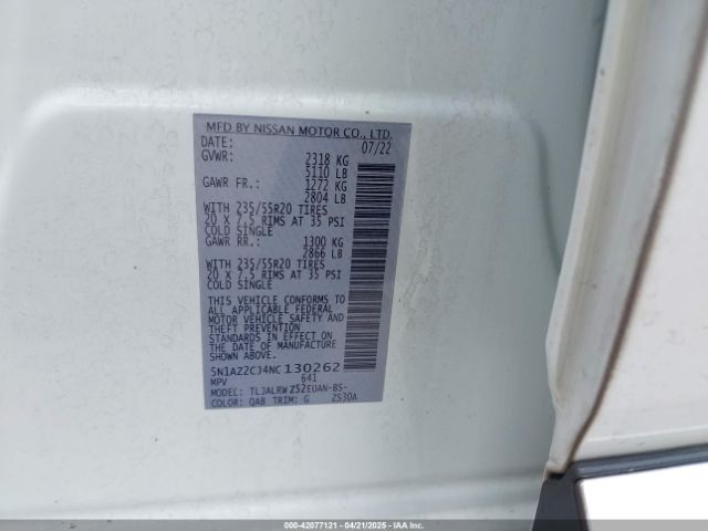 5N1AZ2CJ4NC130262 Nissan Murano Sl Fwd