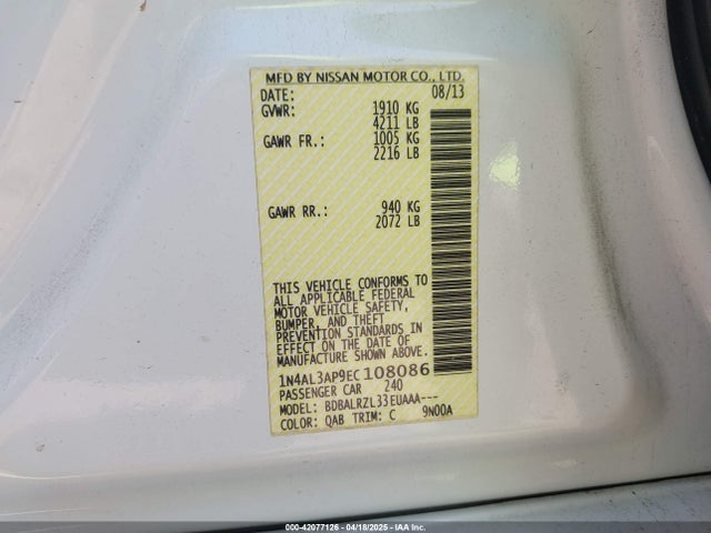 1N4AL3AP9EC108086 Nissan Altima 2.5 S