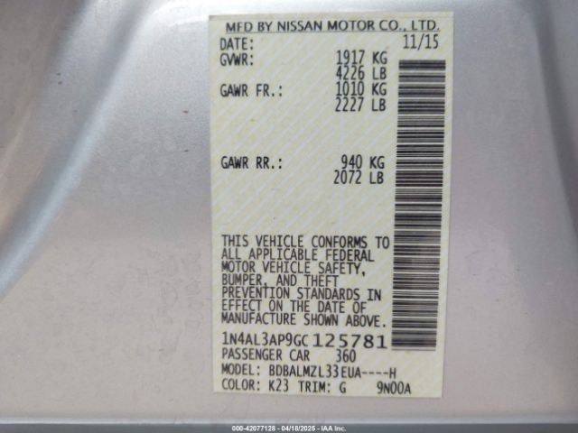 1N4AL3AP9GC125781 Nissan Altima 2.5 Sv