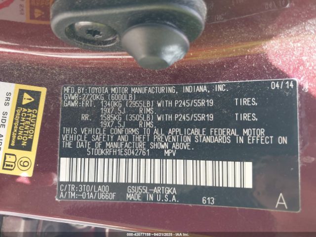 5TDDKRFH1ES042761 Toyota Highlander Limited V6