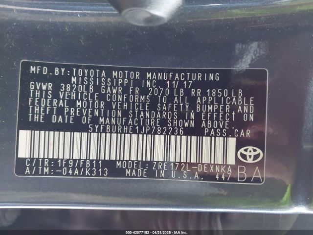 5YFBURHE1JP782236 Toyota COROLLA LE