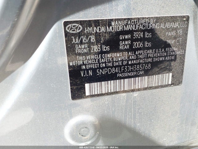 5NPD84LF3JH385768 Hyundai ELANTRA SEL