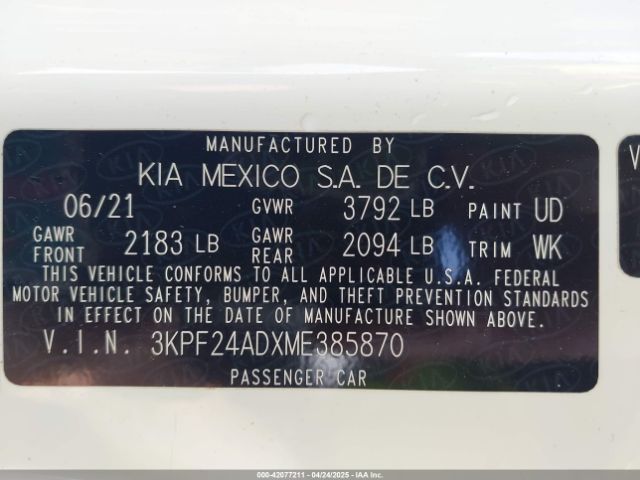 3KPF24ADXME385870 KIA Forte Lxs