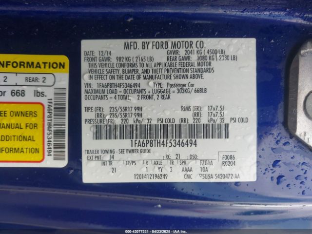 1FA6P8TH4F5346494 Ford Mustang Ecoboost