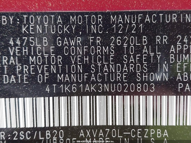 4T1K61AK3NU020803 Toyota CAMRY XSE