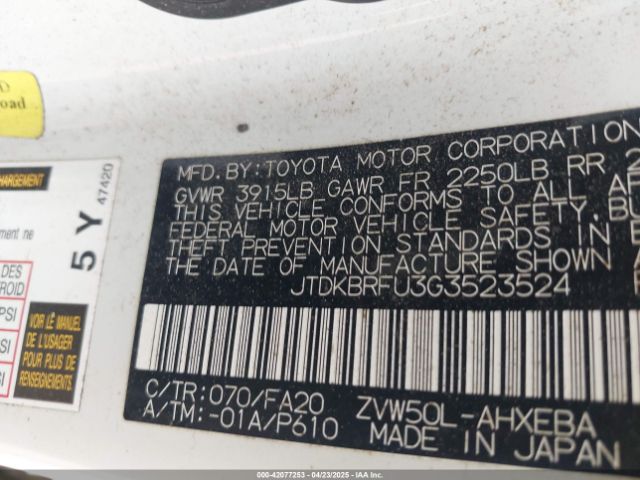 JTDKBRFU3G3523524 Toyota Prius Two