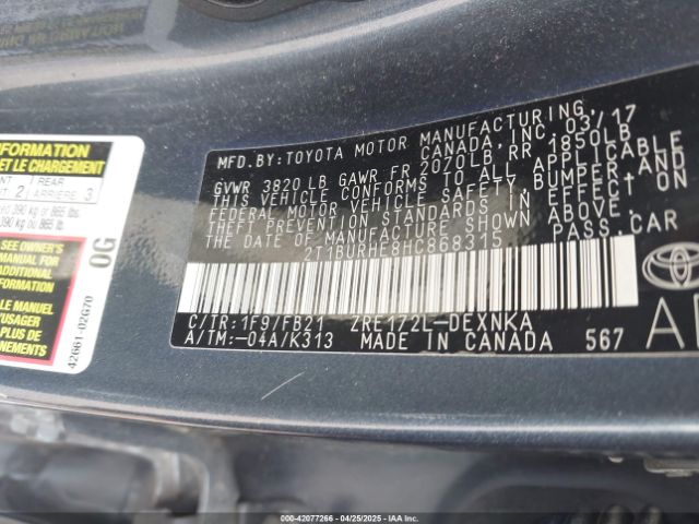 2T1BURHE8HC868315 Toyota COROLLA LE