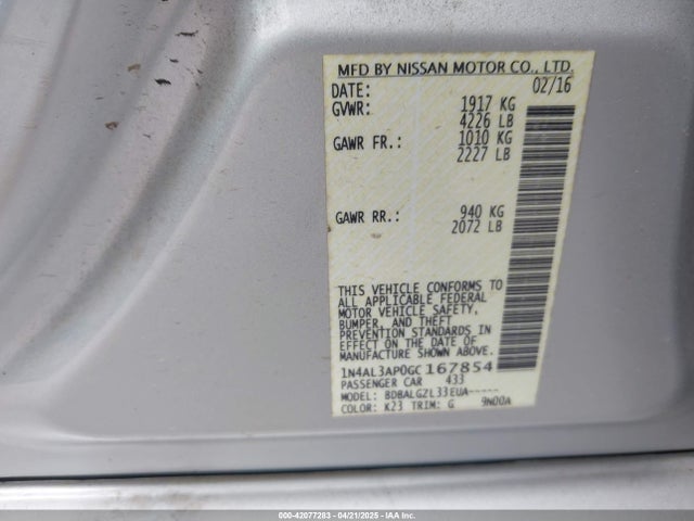 1N4AL3AP0GC167854 Nissan Altima 2.5/2.5 S/2.5 Sl/2.5 Sr/2.5 Sv