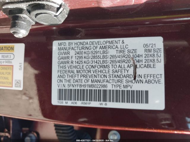 5FNYF8H91MB022986 Honda Passport Awd Touring