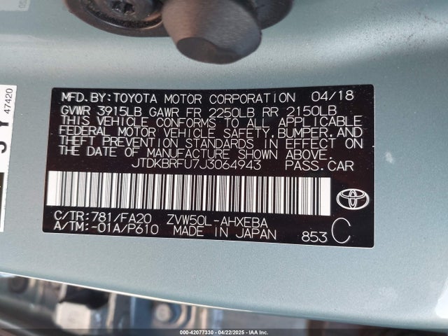JTDKBRFU7J3064943 Toyota Prius Two