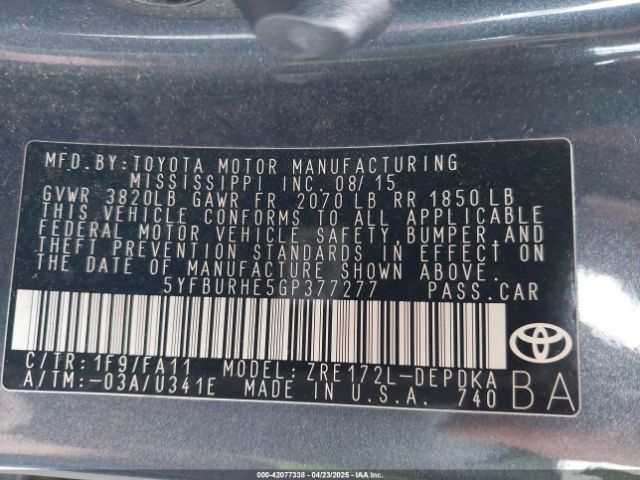 5YFBURHE5GP377277 Toyota COROLLA L