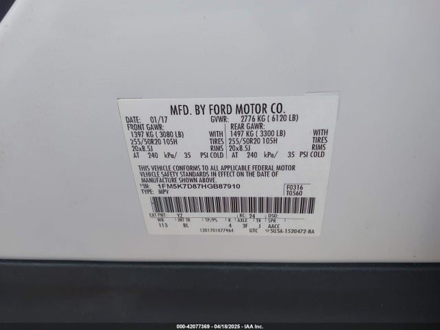 1FM5K7D87HGB87910 Ford EXPLORER XLT