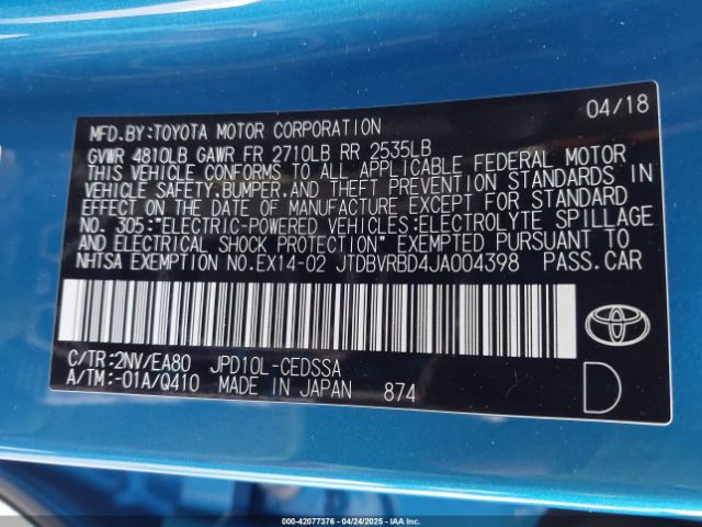 JTDBVRBD4JA004398 Toyota Mirai