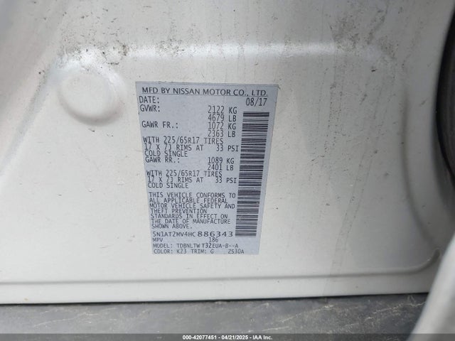 5N1AT2MV4HC886343 Nissan ROGUE SV