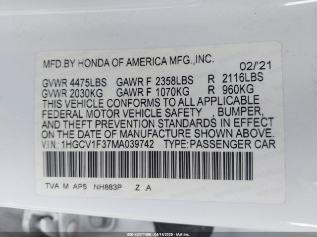 1HGCV1F37MA039742 Honda Accord Sport