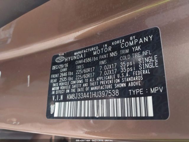 KM8J33A41HU397538 Hyundai TUCSON SE