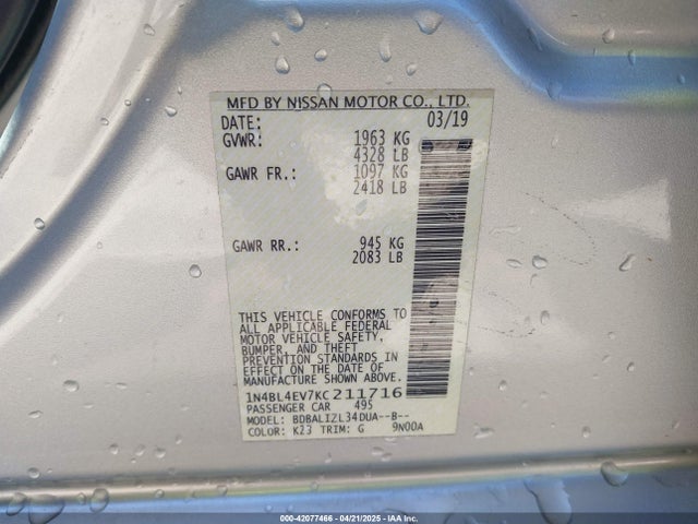 1N4BL4EV7KC211716 Nissan Altima 2.5 Sl