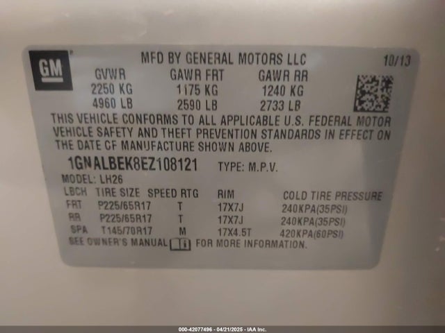 1GNALBEK8EZ108121 Chevrolet EQUINOX 1LT