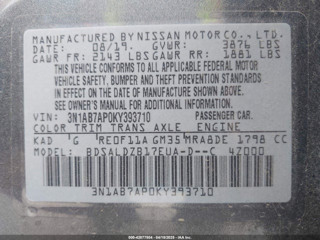 3N1AB7AP0KY393710 Nissan SENTRA SV