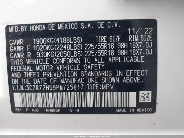 3CZRZ2H59PM725817 Honda Hr-v Awd Sport