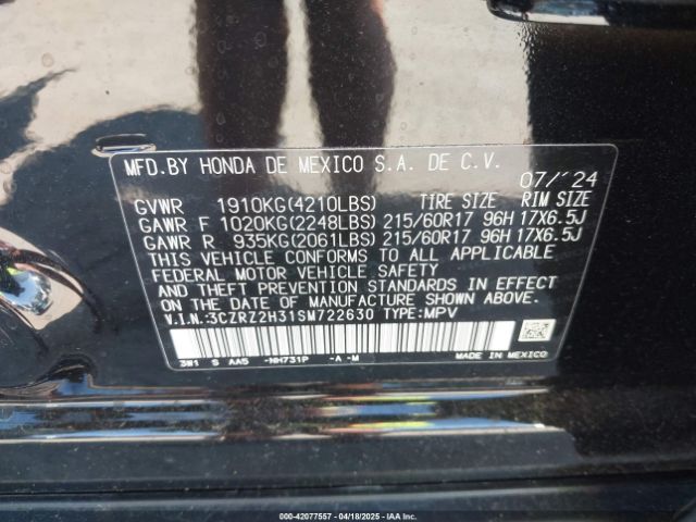 3CZRZ2H31SM722630 Honda Hr-v Awd Lx
