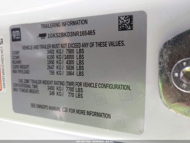 1GKS2BKD3NR165465 GMC l84 - di, dfm, alum, gen 5, var 2