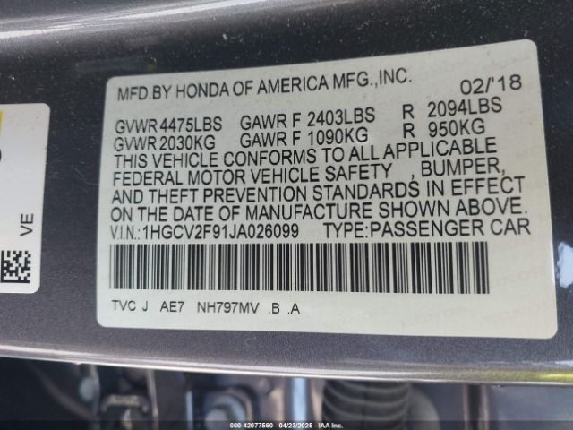 1HGCV2F91JA026099 Honda Accord Touring 2.0t