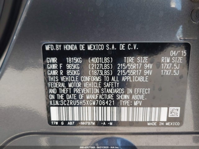 3CZRU5H5XGM706421 Honda HR-V EX