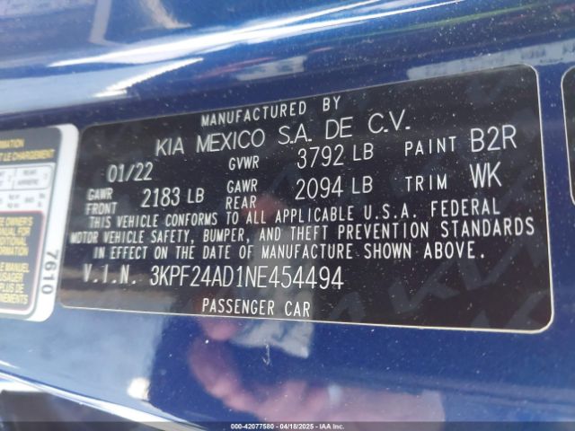 3KPF24AD1NE454494 KIA Forte Lxs