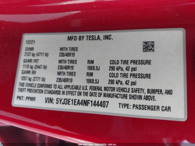5YJ3E1EA4NF144407 Tesla Model 3 Rear-wheel Drive