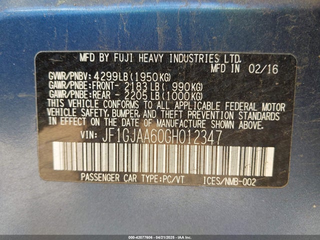 Subaru Impreza 2.0i 2016 JF1GJAA60GH012347 Image 9