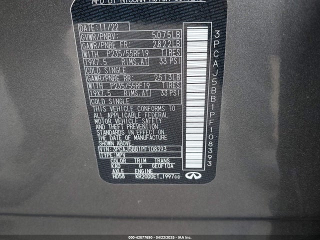 3PCAJ5BB1PF108393 Infiniti Qx50 Luxe Awd