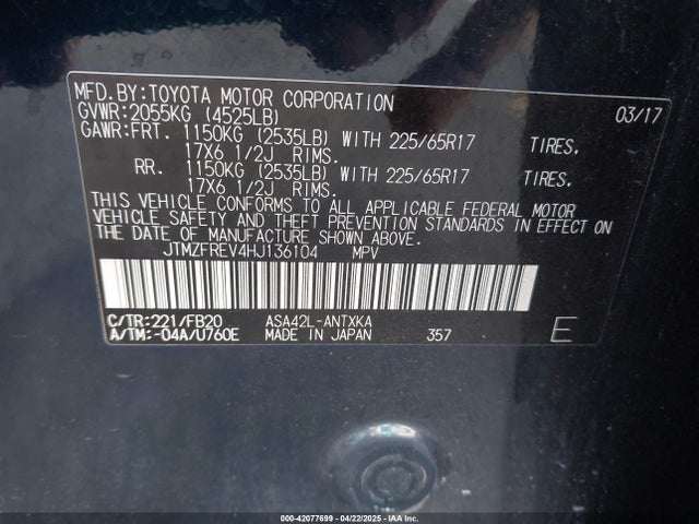 Toyota RAV4 LE 2017 JTMZFREV4HJ136104 Image 9