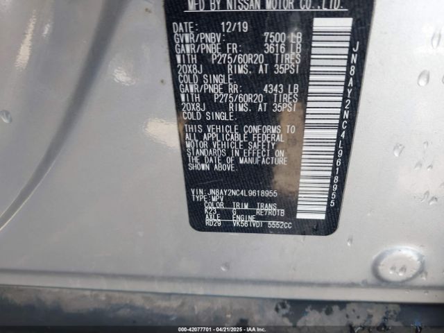 JN8AY2NC4L9618955 Nissan Armada Sl 4wd
