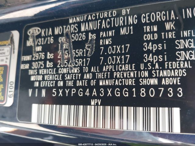 5XYPG4A3XGG180733 KIA Sorento 2.4l Lx