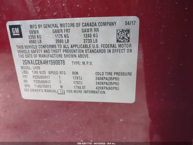 2GNALCEK4H1590878 Chevrolet EQUINOX LT