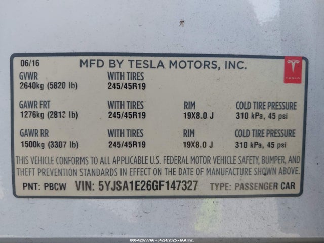 2016 TESLA MODEL S 5YJSA1E26GF147327 Photo 8