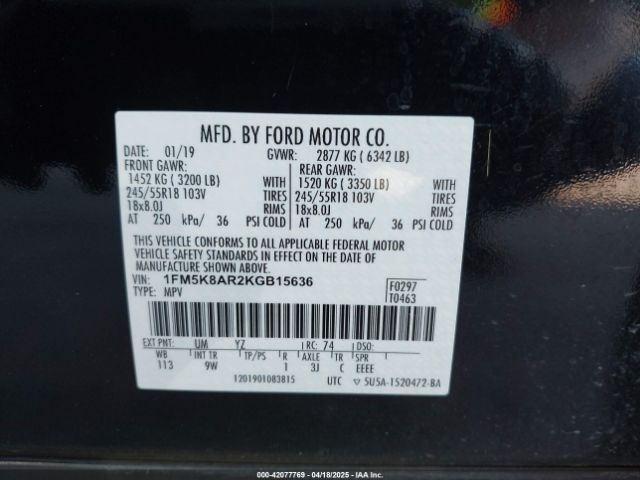 1FM5K8AR2KGB15636 Ford Police Interceptor