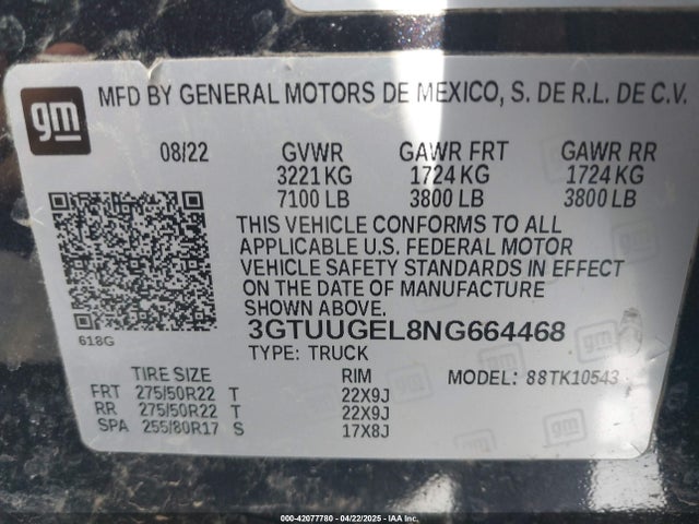 3GTUUGEL8NG664468 GMC SIERRA 1500