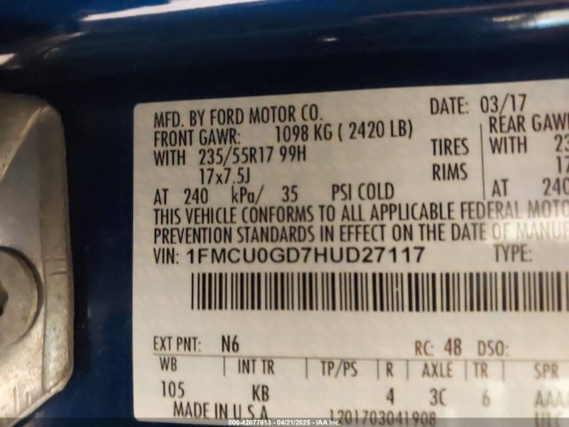 1FMCU0GD7HUD27117 Ford ESCAPE SE