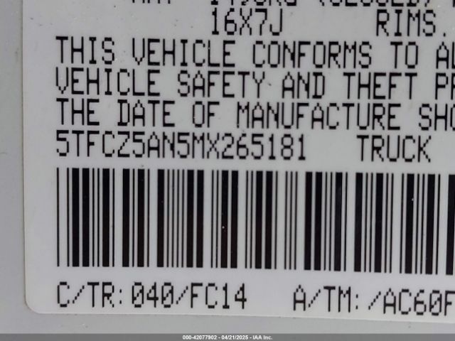 5TFCZ5AN5MX265181 Toyota Tacoma Sr5 V6
