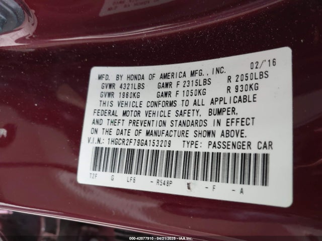 1HGCR2F79GA153209 Honda ACCORD EX