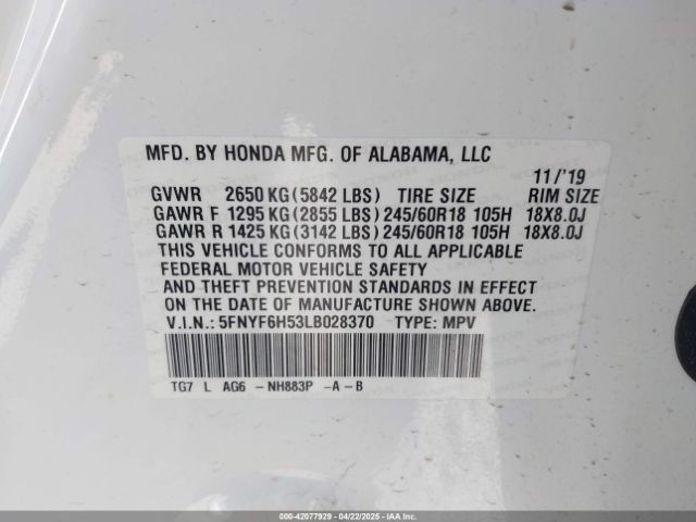 5FNYF6H53LB028370 Honda Pilot Awd Ex-l